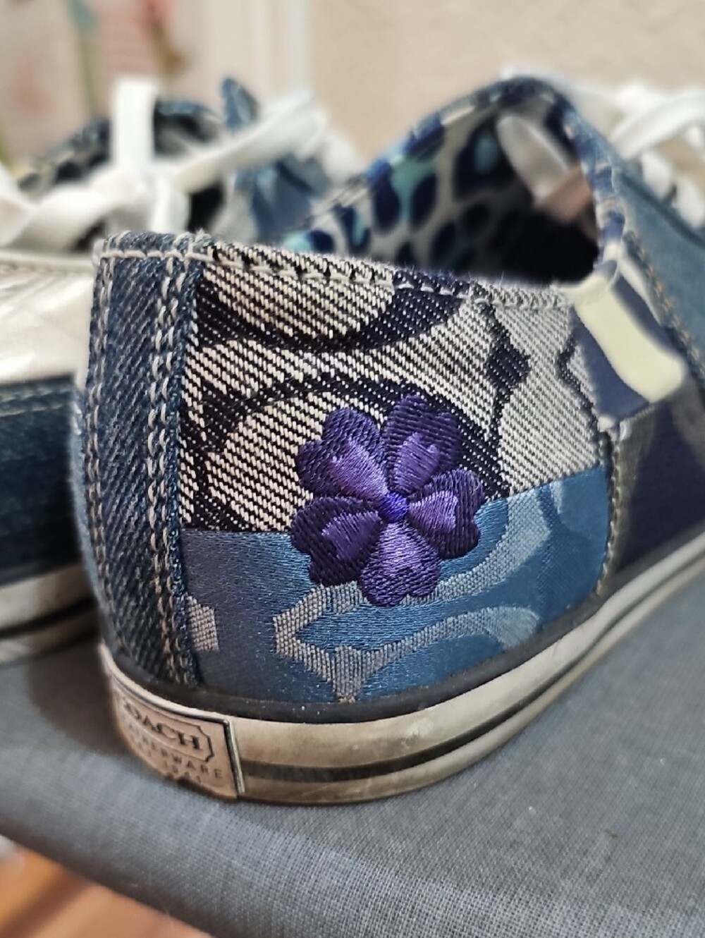 Coach Patchwork Blue Mixed-Print Lace-Up Sneakers Size 9 - Picture 11 of 12